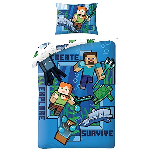 Minecraft Steve Alex MNC-248BL - Juego de ropa de cama infantil (funda nórdica de 140 x 200 cm y 1 funda de almohada), color azul