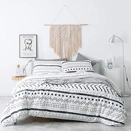CoutureBridal Juego de ropa de cama de 135 x 200 cm, color blanco y negro, estilo bohemio, diseño geométrico, funda nórdica de 135 x 200 cm con cremallera y fundas de almohada de 80 x 80 cm