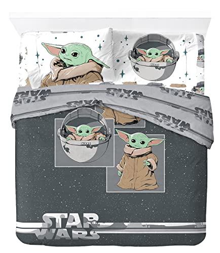 Jay Franco Star Wars The Mandalorian Curious Child - Juego de ropa de cama doble de 4 piezas, 100% algodón, incluye funda de edredón, sábana bajera y fundas de almohada