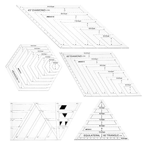 PandaHall - Regla de acrílico para acolchar, 5 unidades, regla de patchwork para costura hecha a mano, triángulo, hexagonal, trapezoide, 45 grados, regla de 60 grados
