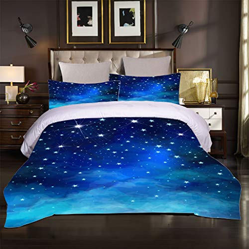 Funda Nórdica Fantasía Galaxia Espacio Exterior Universo Cielo Estrellado Nocturno Brillante Ropa de Cama de Microfibra Suave 2/3 Piezas para Niños Sueño Cómodo (Azul 1,180_x_220_cm Cama 90 cm)
