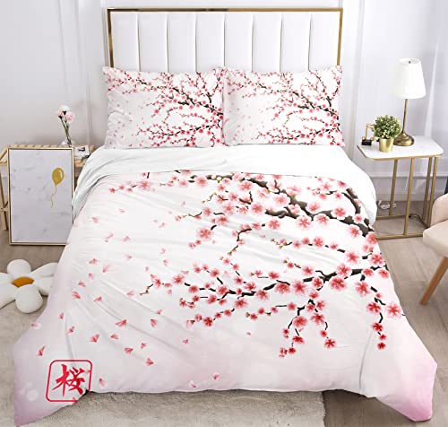LXTOPN Juego de ropa de cama de 135 x 200 cm, estilo japonés romántico rosa ropa de cama para niñas, juegos de ropa de cama de microfibra suave y transpirable con fundas de almohada (135 x 200 cm, 01)
