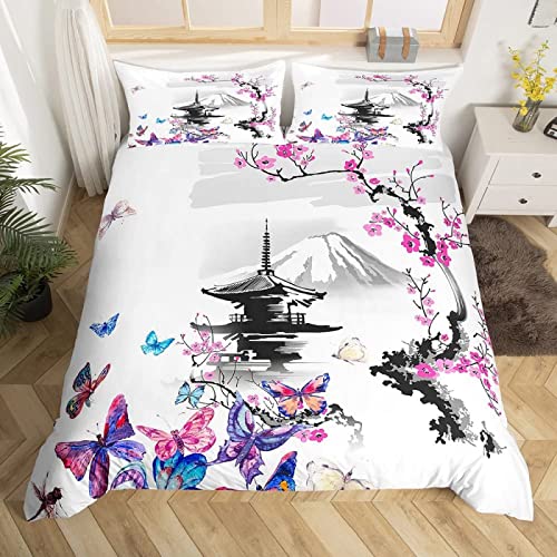 Funda Nórdica Cama 135/150 Mariposa Flor de Cerezo 3D Print, Juego de Ropa de Cama Pagoda Estilo Japonés Monte Fuji, 3 Piezas Microfibra Suave Funda Edredón 220x240 cm con 2 Fundas de Almohada