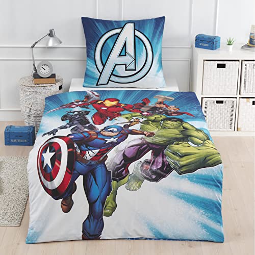 termana Marvel Vengadores Ropa de cama de algodón 135 x 200 cm, 80 x 80 cm, ropa de cama infantil para adolescentes Hulk, Capitán América · Artículo para fans