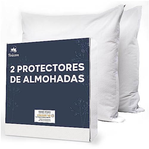 Protector de Almohada - Lote de 2 Protectores de Almohadas Impermeable con Cremallera - Certificado Oeko Tex - Tecnología Twinzen Protectores de Almohada Blancas