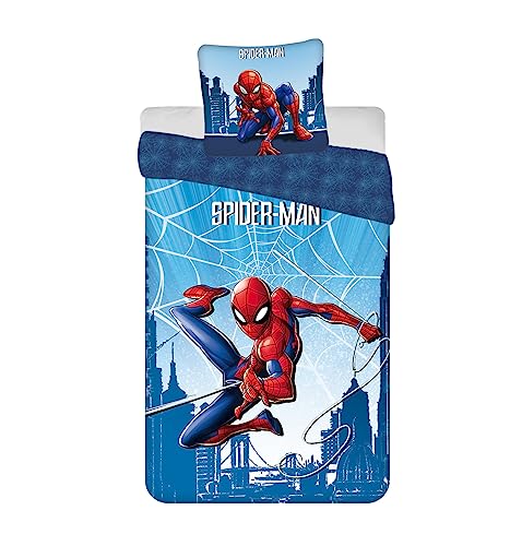 Juego de cama Spiderman azul reversible y 100% algodón, funda nórdica de 140 x 200 cm + funda de almohada de 65 x 65 cm