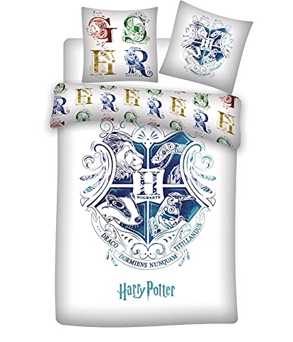 Harry Potter - Juego de ropa de cama (135 x 200 cm), diseño del escudo de Hogwarts, color blanco