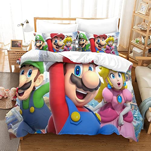 Funda Nórdica Super Mario Bros Estampado Motivo Juego De Ropa De con Funda Edredón Y Fundas De Almohada Ropa De Cama De Suave Acogedora con Cremallera Hipoalergénica MicrofibraconDouble（200x200cm）