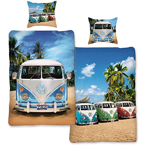 Ropa de cama reversible con diseño de Volkswagen Bulli, 135 x 200 cm + 80 x 80 cm, Volkswagen Bus T1, 100% algodón en calidad de linón renforcé, furgoneta, retro, playa, surf, autobús, ropa de cama
