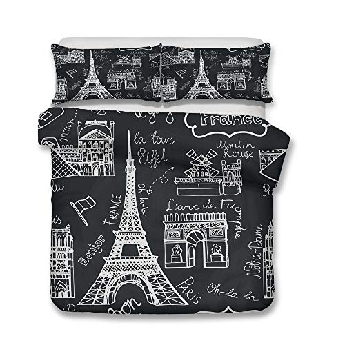 Juego de Ropa de Cama, Morbuy 3D Romance Paris Torre Eiffel Impresión Microfibra Juego de Fundas de Edredón Incluye Funda Nórdica y Funda de Almohada (Cama 135/140-180x220cm,Moda Negro)