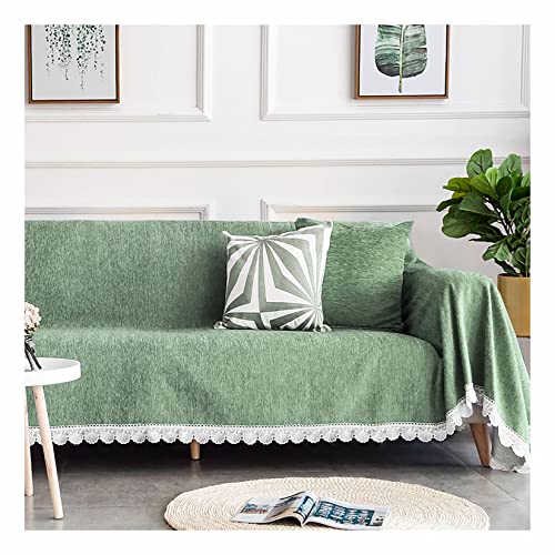 FUNFOB Funda de sofá de chenilla, TToalla de sofá con puntilla calada, Apto para todas las estaciones, Ideal como Tela Decoración, Cubre Sofá, Manta Pícnic(Size:180cm*420cm,Color:Verde hierba)