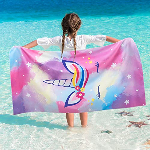 Toalla de Playa de Unicornio - 76 x 150cm Manta de Playa de Microfibra para Niñas y Niños Anit Arena de Secado Rápido Colorido Toallas de Acuarela para Acampar Viaje Natación Baño Ducha Toalla