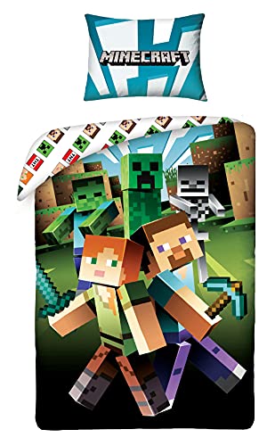 Minecraft - Juego de ropa de cama infantil (2 piezas, funda nórdica de 140 x 200 cm y 1 funda de almohada de 70 x 90 cm)