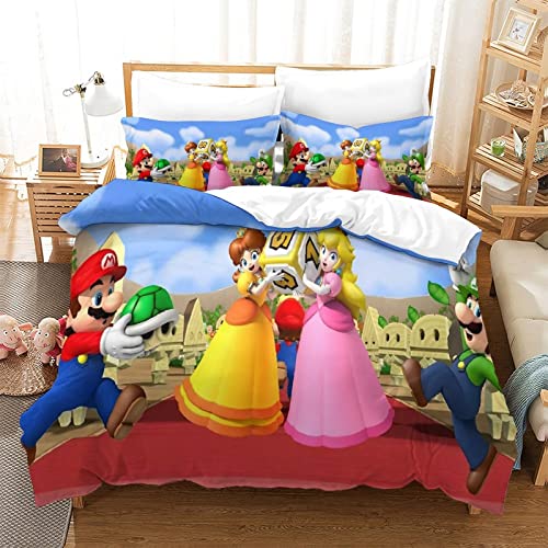 Funda Nórdica Super Mario Bros Estampado Motivo Juego De Ropa De con Funda Edredón Y Fundas De Almohada Ropa De Cama De Suave Acogedora con Cremallera Hipoalergénica MicrofibraconDouble（200x200cm）