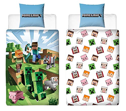 Character World Juego de cama reversible Minecraft 135 x 200 cm + 80 x 80 cm, 100 % algodón, diseño de bloques artesanales TNT y pico, multicolor