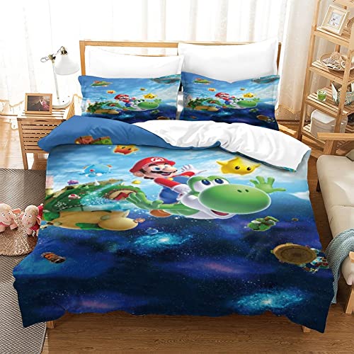 Super Mario Juegos De Funda De Edredón: Funda De Edredón con Estampado 3D, Funda De Almohada, Funda De Edredón, Juego De Cama Juego De 3 Piezas Microfibra Suave Single（135x200cm）