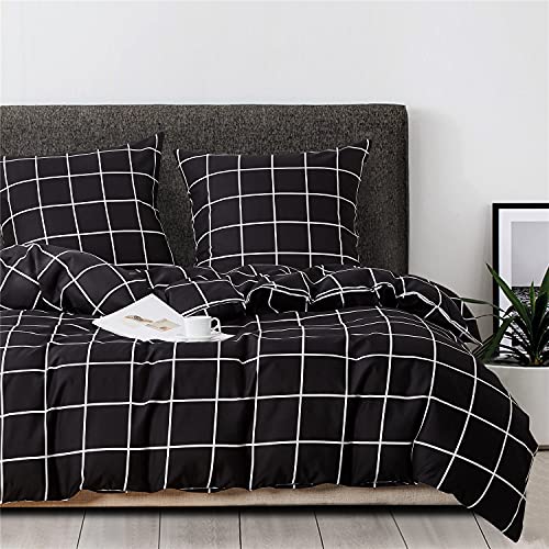 Boqingzhu Ropa de cama de 135 x 200 cm, a cuadros, color blanco y negro, juego de cama individual de microfibra, funda nórdica y funda de almohada de 80 x 80 cm, con cremallera
