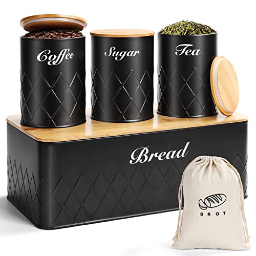 Lannvan Panera Set 5 en 1,Panera para pan de Metal con Bolsa de Pan y 3 Latas de Conservación para una Frescura Duradera,Recipiente para Pan con Tapa de Bambú,Se Puede Utilizar Como Tabla de Cortar