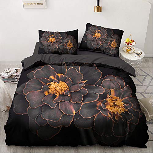 Luowei Juego de ropa de cama con diseño de flores, 135 x 200 cm, 4 piezas, color negro y naranja, vintage, con cremallera, funda nórdica de microfibra suave y 2 fundas de almohada de 80 x 80 cm