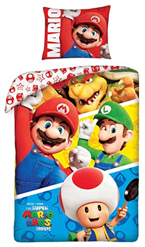 Halantex Juego de cama Super Mario Bros The Movie - 4 personajes Mario Luigi Toad Bowser - Funda nórdica de 140 x 200 cm con funda de almohada de 70 x 90 cm - 100% algodón multicolor (SMM003)