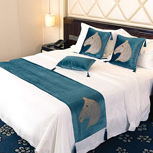 Doble cisne corredores tiro de la cama, cama de terciopelo de lujo de la cubierta decorativo, moda Toalla cama cola bufanda Colchas para el hogar del dormitorio del hotel,Blue-45X180cm(for 1.5m bed)