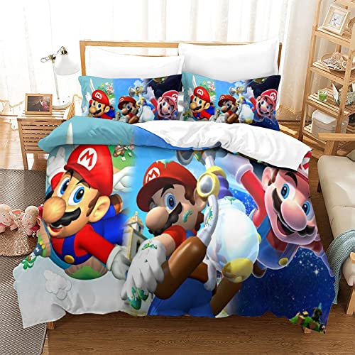 Funda Nórdica Super Mario Bros Estampado Motivo Juego De Ropa De con Funda Edredón Y Fundas De Almohada Ropa De Cama De Suave Acogedora con Cremallera Hipoalergénica MicrofibraconKing（220x240cm）