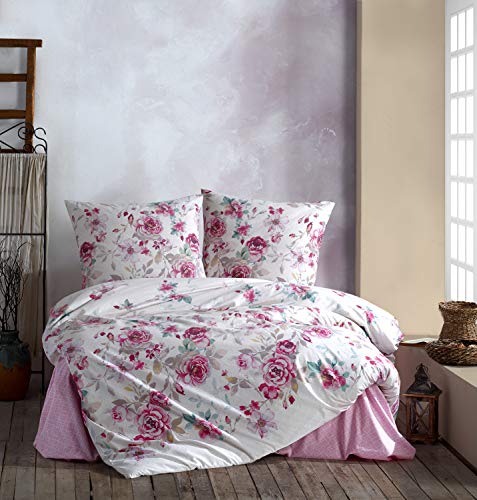ZIRVEHOME Desima - Juego de ropa de cama de 240 x 220 cm, color blanco y rosa, 100% algodón, con cremallera, transpirable, 3 piezas, funda nórdica con funda de almohada de 80 x 80 cm, diseño de flores
