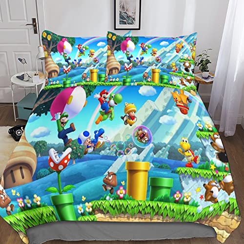 Super-Mario-Bros Juego De Funda Nórdica, 3 Piezas, Funda De Edredón Y Funda De Almohada Impresa 3D, Microfibra Suave, Cremallera, para Niños Y Adultos Double（200x200cm）