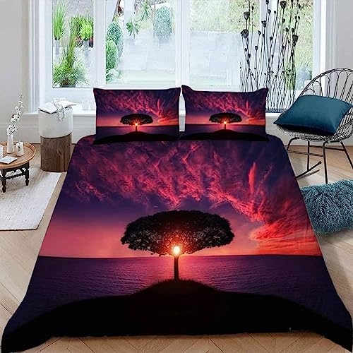 Juego de Funda de edredón Paisaje Al Atardecer Patrón Reversible Juego de Ropa de Cama, Funda de edredón con Cierre de Cremallera 150x220cm Transpirable Microfibra Supersuave