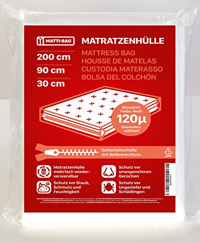 Matti-Bag Bolsa de colchón plástico de 90 x 200 cm – 30 cm de Altura con Cremallera, Opaca, para Transporte de colchones, mudanzas, Almacenamiento - Extra Resistente 120 micras