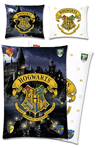 Juego de cama reversible de Harry Potter Hogwarts 135 x 200 + 80 x 80 cm, 100% algodón, franela con cremallera YKK, Gryffindor Hufflepuff Ravenclaw Slytherin Weasley Hermine