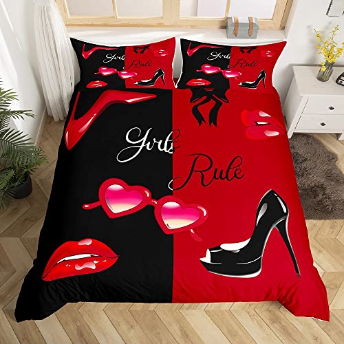 Funda de edredón para mujer, de maquillaje, de 220 x 240 cm, sexi, de labios rojos, zapatos de tacón alto, funda de edredón rojo, negro, pareja romántica, San Valentín