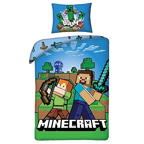 Minecraft MNC282 - Juego de cama de algodón, funda nórdica de 140 x 200 cm y funda de almohada de 70 x 90 cm