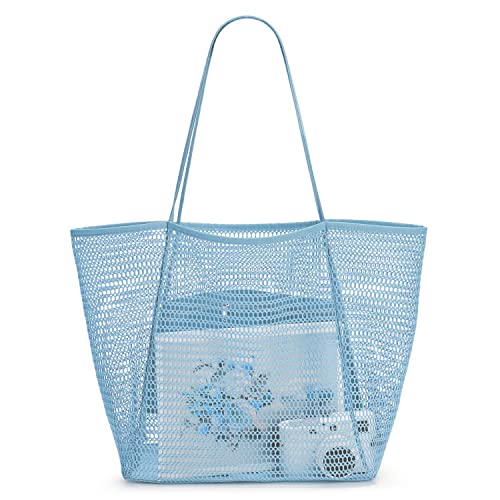 NLAND Bolso de Playa Mujer Grande Bolso de Malla con Bolsillo Bolso de Nailon para Viajes Natación Compras Shopping Bag (Azul)