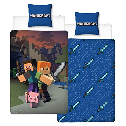 Minecraft - Juego de ropa de cama infantil (2 piezas, funda de almohada de 80 x 80 cm, funda nórdica de 135 x 200 cm, 100 % algodón), diseño de rayas