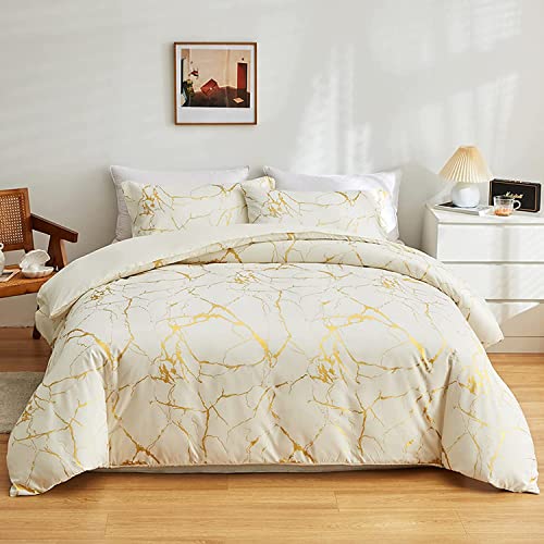 Freyamy Juego de ropa de cama de 220x240 cm, 3 piezas, diseño de mármol, color blanco y dorado, de lujo, funda nórdica con cremallera y 2 fundas de almohada de 80x80 cm
