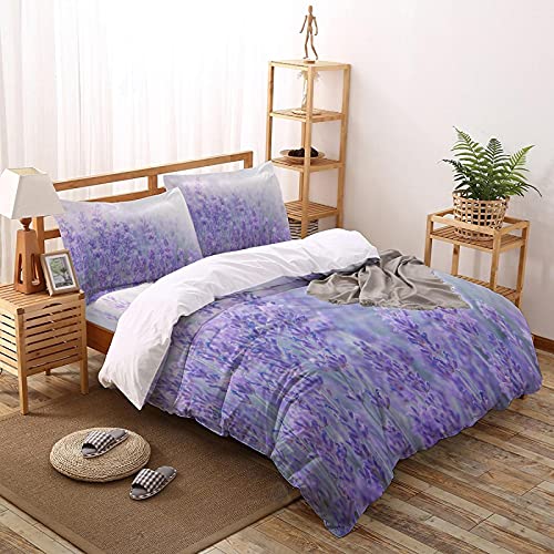 CUUGF Juego de Funda Nórdica King Size 3 Piezas Fantasía Flor Lavanda Planta Violeta 135x200CM Funda Nórdica Ropa de Cama Estampada Edredón Funda Nórdica con Cierre de Cremallera y 2 Fundas de Almohad