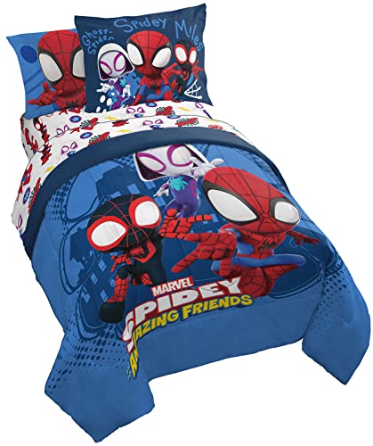 Jay Franco Marvel Spidey and His Amazing Friends Team Spidey Juego de cama de 7 piezas, tamaño matrimonial, incluye edredón y juego de sábanas, microfibra súper suave resistente a la decoloración