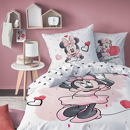 Disney Juego de ropa de cama de Minnie Mouse, ropa de cama para niñas, 1 funda de almohada de 80 x 80 cm y 1 funda nórdica de 135 x 200 cm, 100 % algodón