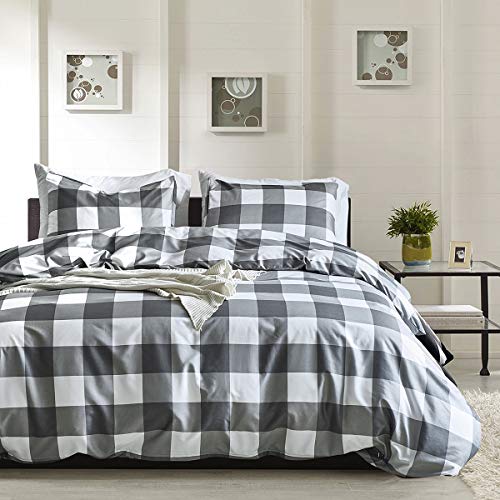 Gezu - Juego de cama de 220 x 240 cm, diseño de cuadros Vichy para 2 personas, color gris y blanco de microfibra con 2 fundas de almohada de 65 x 65 cm con cremallera