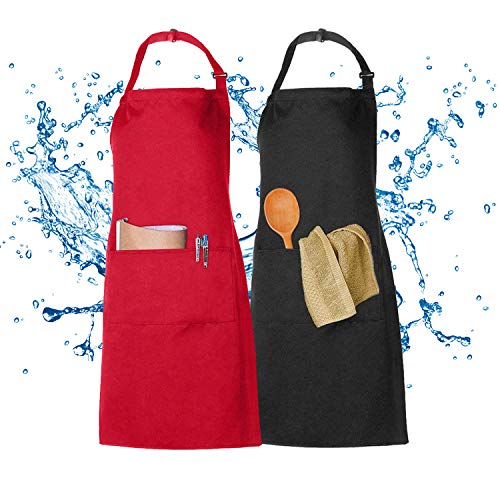 2 Piezas Delantal Cocina, XCOZU Correa para el Cuello Ajustable Delantal Hombre Mujer Delantal Cocinero Mandil Cocina, Delantales Negros y Rojo con Peto, Delantal Impermeable Chef Profesional