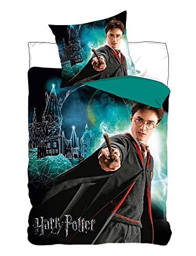 BrandMac Harry Potter Glow in The Dark Conjunto de Cama (Capa nórdica de 140 x 200 cm e fronha de almofada de 65 x 65 cm, algodão)
