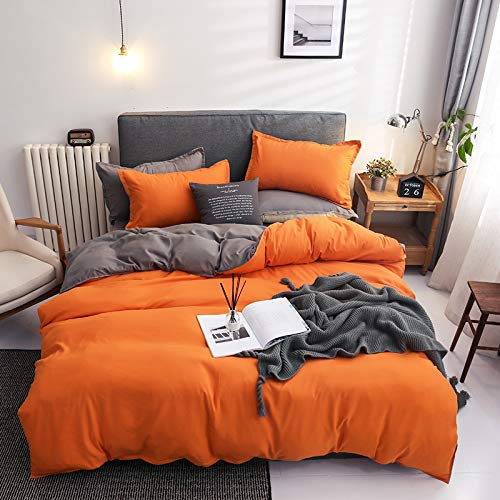 Damier - Juego de ropa de cama de 135 x 200 cm, color naranja y gris, reversible, 2 piezas, de microfibra suave, funda nórdica con cremallera para cama individual y 1 funda de almohada de 80 x 80 cm