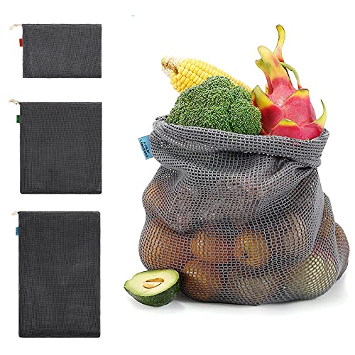 3pcs Bolsa de malla de algodón reutilizable Bolsas de verduras Bolsa de productos ecológicos Bolsa de almacenamiento de frutas de malla de algodón Bolsas de compras con cordón