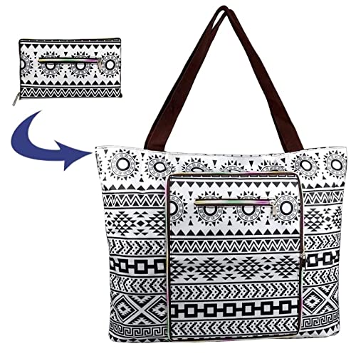 Rayson Bolsas de Compra Plegable 46x10x43 cm Impermeable Tote Bag de Playa con Cremallera de Mujer(Bohemio Negro)