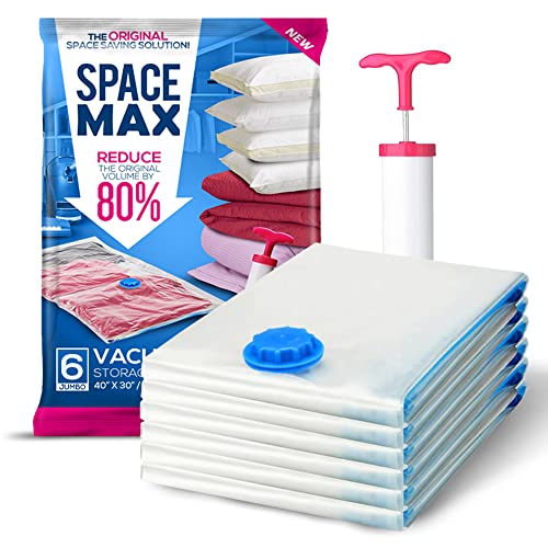 SPACE MAX Bolsas de Almacenamiento al Vacío Primera Calidad, 80% Más de Compresión que Otra Bolsas Para Guardar Ropa, Bomba de Mano Incluida - Extra Grandes 6 Piezas