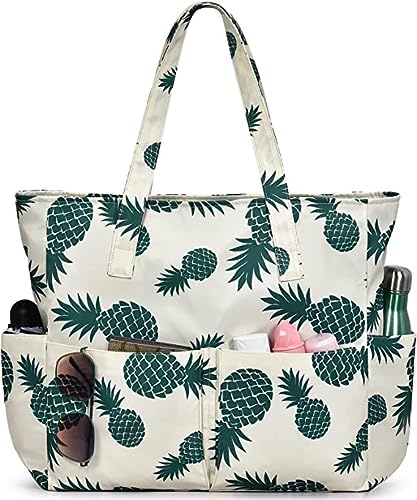 oscaurt Bolsa de playa grande impermeable, 9 bolsillos bolsa de playa XXL familia con cremallera, bolsa de piscina con bolsillo nasal, Piña verde.