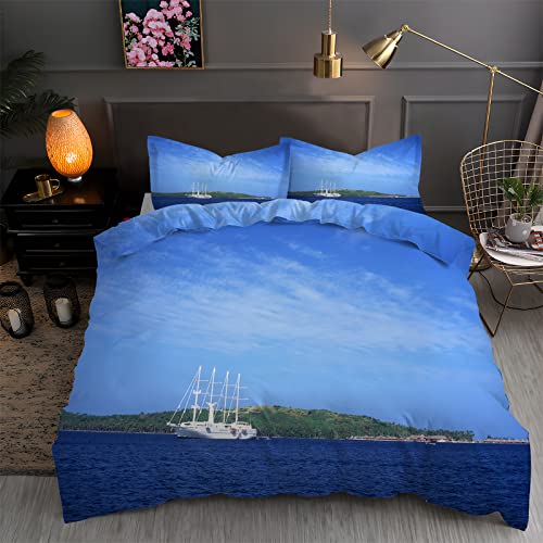 Funda Nordica Cama 90 Barco De Mar Juego de Ropa de Cama de Suave Microfibra Cielo Azul Fundas Nordicas 135 X 200 cm con Cremallera y 2 Funda de Almohada 50x75 Cm, Home Decoracion