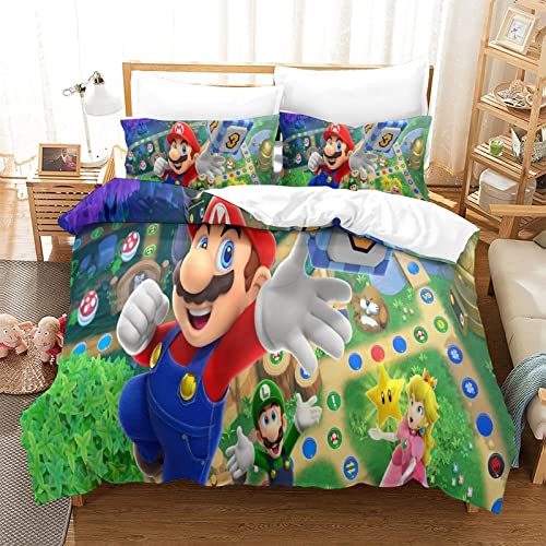 Funda Nórdica Super Mario Bros Estampado Motivo Juego De Ropa De con Funda Edredón Y Fundas De Almohada Ropa De Cama De Suave Acogedora con Cremallera Hipoalergénica MicrofibraconKing（220x240cm）