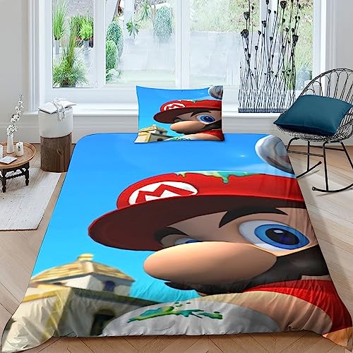 Super Mario Bros Funda Nórdica De 2 Piezas, con Junto De Edredón 3D, Juegos Películas Funda De Edredón para Niñas, Juego De Cama con Cremallera con Fundas De Microfibra Almohada Single（135x200cm）